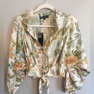 RACHEL Rachel Roy Cream and Green 3/4 Sleeve Tie-Front Blouse Size Medium